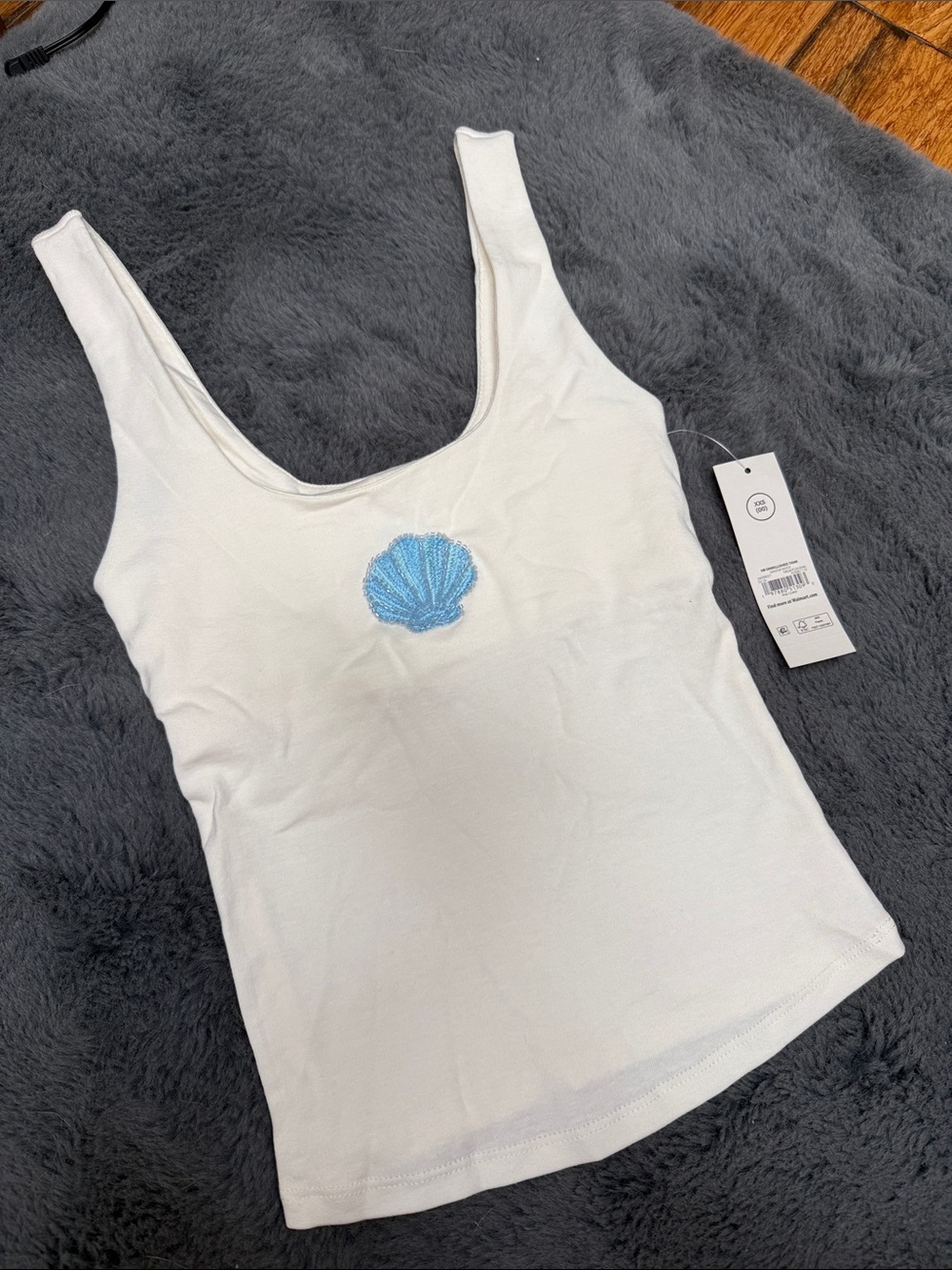 No Boundaries White Tank Top with Blue Shell Embroidery